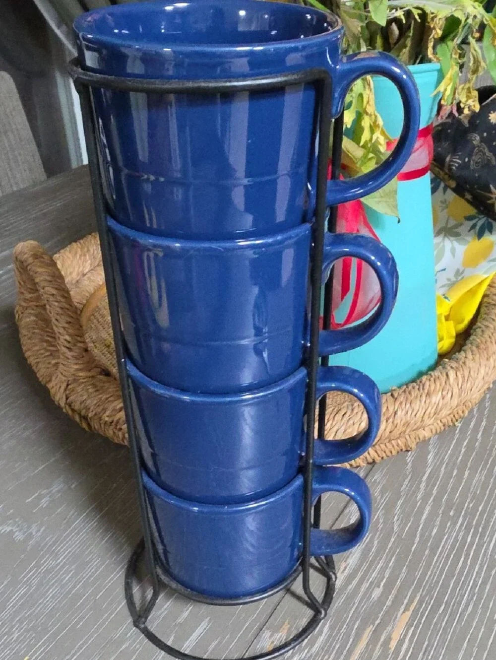Stackable Blue Ceramic Mugs with Metal Rack - Home Kitchen